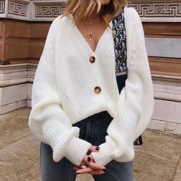 women solid color knitted cardigan ladies elegant lantern sleeve button decor leisure loose v-neck cardigans for femme1, White
women solid color knitted cardigan ladies elegant lantern sleeve button decor leisure loose v-neck cardigans for femme1, White