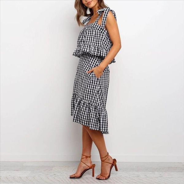 summer sundress short sleeve loose and ruffles midi skirt 2 piece women sets summer casual plaid set conjunto feminino g30, Gray
summer sundress short sleeve loose and ruffles midi skirt 2 piece women sets summer casual plaid set conjunto feminino g30, Gray