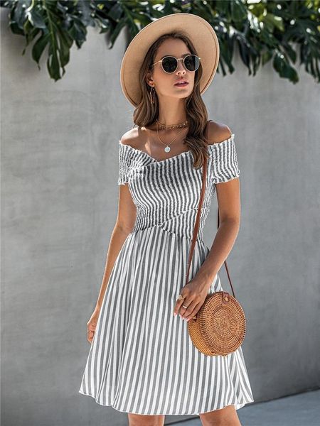 summer elegant women casual a-line dress 2020 new v-neck striped ladies off the shoulder holiday dresses for women femme robe, Black;gray
summer elegant women casual a-line dress 2020 new v-neck striped ladies off the shoulder holiday dresses for women femme robe, Black;gray