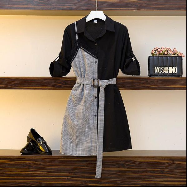 l 4xl elegant shirt dress plus size women summer lace patchwork plaid mini dress british casual vintage dress with belt a344, Black;gray
l 4xl elegant shirt dress plus size women summer lace patchwork plaid mini dress british casual vintage dress with belt a344, Black;gray