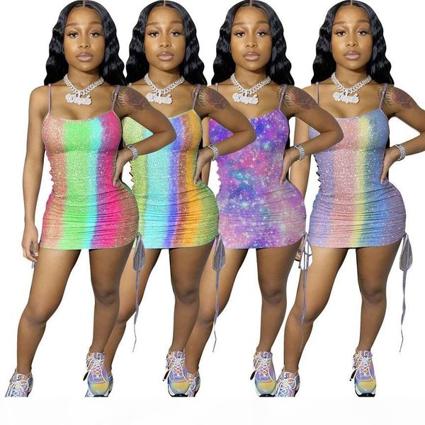 women starry rainbow print dresses summer sleeveless spaghetti strap drawstring bodycon dress mini skirts skinny nightclub clothing, White;black
women starry rainbow print dresses summer sleeveless spaghetti strap drawstring bodycon dress mini skirts skinny nightclub clothing, White;black