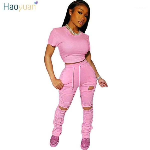 haoyuan two piece set summer outfits for women tracksuit crop and hole stacked pants sweat suits lounge wear matching sets1, White 
haoyuan two piece set summer outfits for women tracksuit crop and hole stacked pants sweat suits lounge wear matching sets1, White