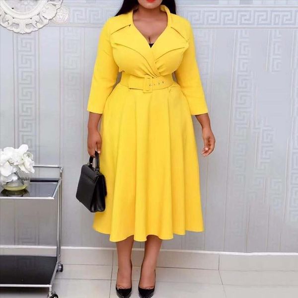 office ladies deep v neck turn down collar high waist belted fashion yellow women african ladies work wear plus size midi dress, Black;gray
office ladies deep v neck turn down collar high waist belted fashion yellow women african ladies work wear plus size midi dress, Black;gray