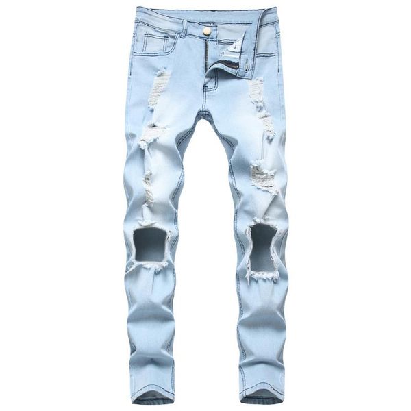 new men's male trousers european american new style ripped denim elastic foot zipper fashion light blue fashion pants
new men's male trousers european american new style ripped denim elastic foot zipper fashion light blue fashion pants
