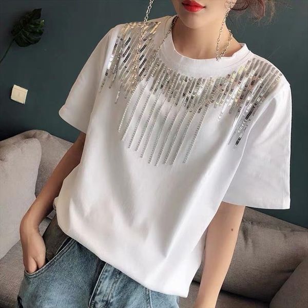 sequined rhinestone fringed t shirt short sleeved womens summer new loose korean t shirt black white tees fashion tide wa169
sequined rhinestone fringed t shirt short sleeved womens summer new loose korean t shirt black white tees fashion tide wa169