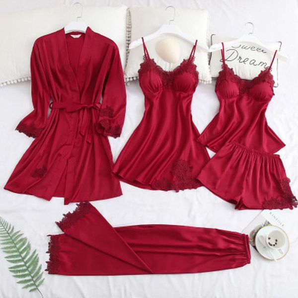 women pajamas 5 pieces sets satin sleepwear pijama silk home wear embroidery sleep lounge pyjama with chest pads, Black;red
women pajamas 5 pieces sets satin sleepwear pijama silk home wear embroidery sleep lounge pyjama with chest pads, Black;red