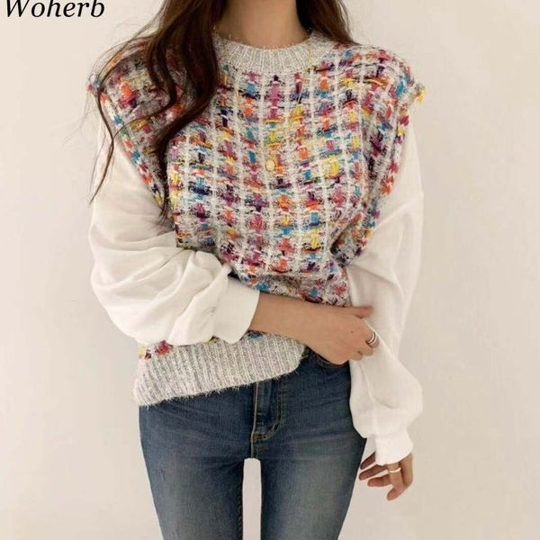 woherb fake 2 piece women sweater shirts elegant plaid knitted pullovers patchwork white puff sleeve blouse korean fashion 201016, White;black
woherb fake 2 piece women sweater shirts elegant plaid knitted pullovers patchwork white puff sleeve blouse korean fashion 201016, White;black