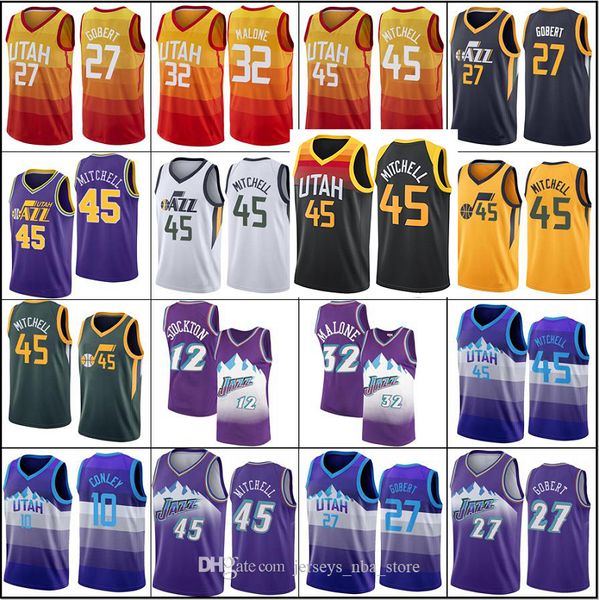 

utah jazz jersey donovan 45 mitchell john 12 stockton karl 32 malone rudy 27 gobert basketball ricky 3 rubio mike 10 conley men, Black;red