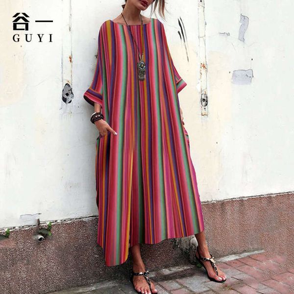 dress guyi national style pocket loose stripe summer 2020 new woman, Black;gray