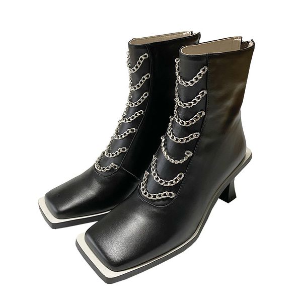 women stylish square toe ankle boots silver chains zipper shoes kitten heel ladies ankle boots genuine leather handmade footwear, Black
women stylish square toe ankle boots silver chains zipper shoes kitten heel ladies ankle boots genuine leather handmade footwear, Black