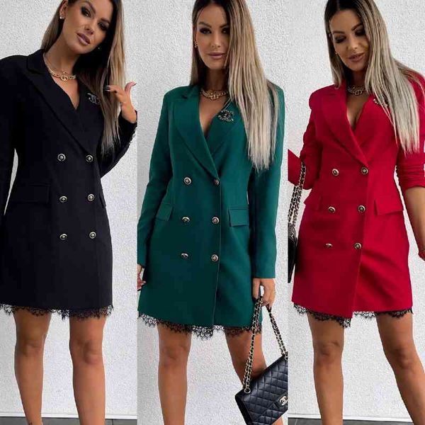 double breasted long sleeve autumn women casual dresses lace pockets a-line elegant ladies night club party dress clothes, Black;gray
double breasted long sleeve autumn women casual dresses lace pockets a-line elegant ladies night club party dress clothes, Black;gray