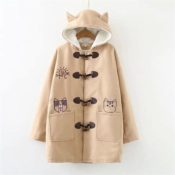 women's woolen autumn winter mid-long hooded horn buckle cartoon printing hairy warm jacket parker coat student tide a661, Black
women's woolen autumn winter mid-long hooded horn buckle cartoon printing hairy warm jacket parker coat student tide a661, Black