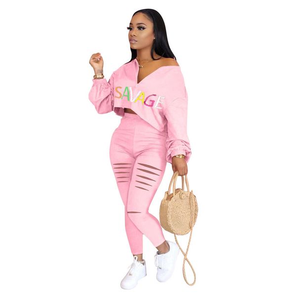 spring and autumn european and american women's v-neck long-sleeved navel letter printed ripped trousers two-piece suit, White
spring and autumn european and american women's v-neck long-sleeved navel letter printed ripped trousers two-piece suit, White