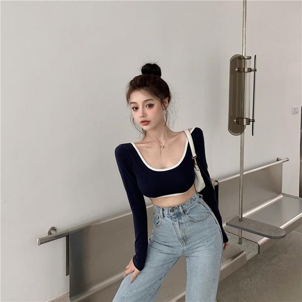 women's t-shirt gray big u-neck ultrashort female slimming crop navel long sleeve high-waisted backless casual fashion shirt, White
women's t-shirt gray big u-neck ultrashort female slimming crop navel long sleeve high-waisted backless casual fashion shirt, White