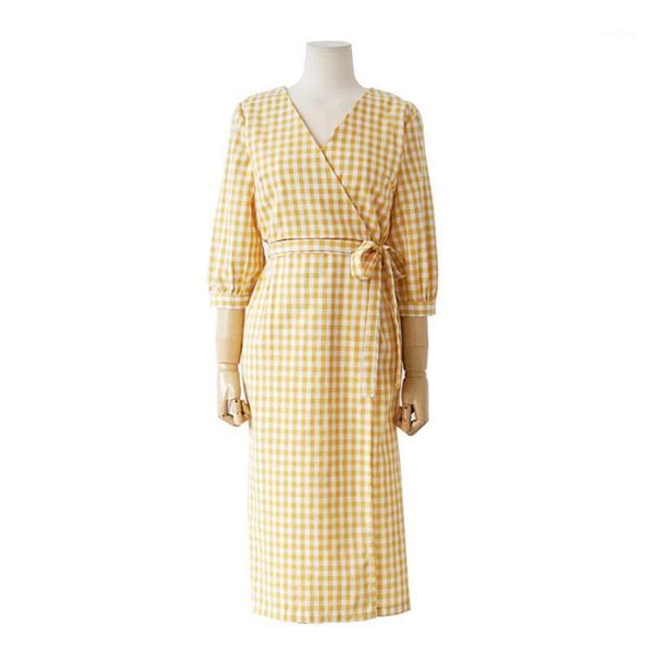 perhaps u yellow plaid 3/4 puff sleeve a line v neck wrap sash midi dress lace up summer elegant vintage women female d02811, Black;gray
perhaps u yellow plaid 3/4 puff sleeve a line v neck wrap sash midi dress lace up summer elegant vintage women female d02811, Black;gray