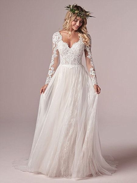 long sleeve boho beach wedding dresses backless deep v-neck lace tulle bridal gowns plus size train illusion applique bohemian vestidos, White
long sleeve boho beach wedding dresses backless deep v-neck lace tulle bridal gowns plus size train illusion applique bohemian vestidos, White