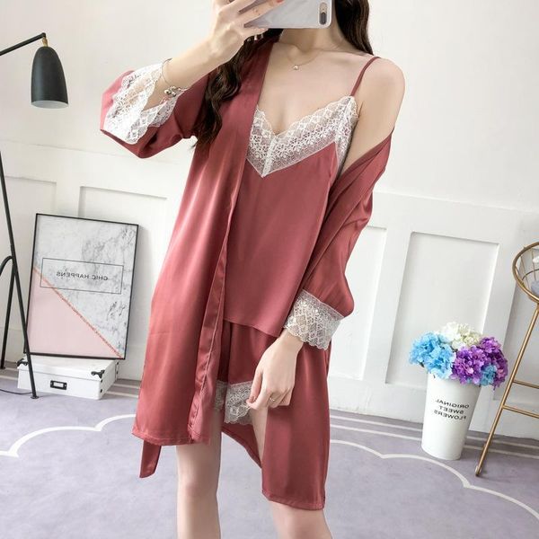 women's silk lace strap shorts pajamas three-piece set solid color home clothing spring autumn sleepwear, Black;red
women's silk lace strap shorts pajamas three-piece set solid color home clothing spring autumn sleepwear, Black;red