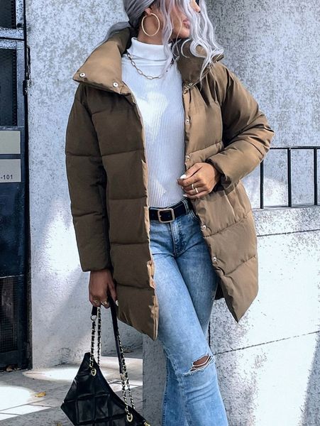 solid button up puffer coat m9gx#, Black