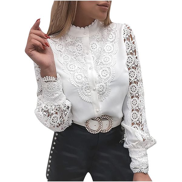 women shirts lace patchwork hollow out shirt blouses long sleeve crew neck mesh design spring vintage blouses, White
women shirts lace patchwork hollow out shirt blouses long sleeve crew neck mesh design spring vintage blouses, White
