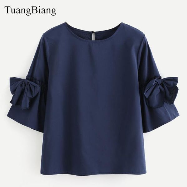 2018 spring new bow half sleeve female chiffon blouse o-neck solid color women soft shirts summer european style short 1, White 
2018 spring new bow half sleeve female chiffon blouse o-neck solid color women soft shirts summer european style short 1, White