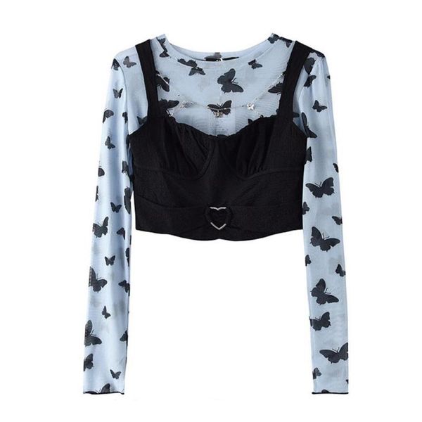 butterfly print mesh blouse and black camisole 2 piece set women spring autumn 2020 harajuku thin long sleeve cropped, White
butterfly print mesh blouse and black camisole 2 piece set women spring autumn 2020 harajuku thin long sleeve cropped, White