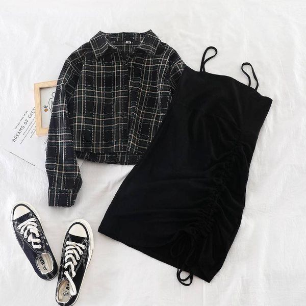 new ins female two-piece suit early autumn plaid short shirt jacket + solid suspender skirt dress 201130, White
new ins female two-piece suit early autumn plaid short shirt jacket + solid suspender skirt dress 201130, White