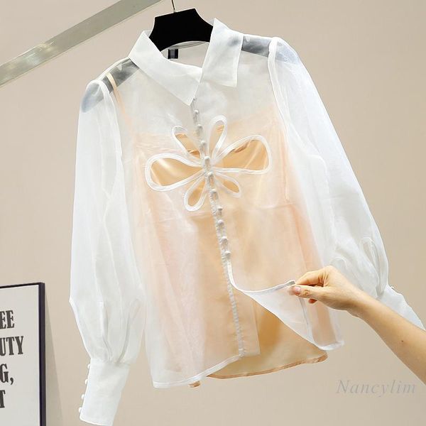 2020 autumn women hollow-out floral single-breasted perspective organza blouse lady long sleeve shirt with inner suspender top, White
2020 autumn women hollow-out floral single-breasted perspective organza blouse lady long sleeve shirt with inner suspender top, White