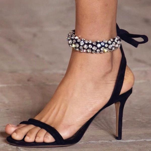sandals designer rhinestones lace up women high heels summer shoes ankle straps sandalias mujer 2021 stiletto slingback pumps, Black