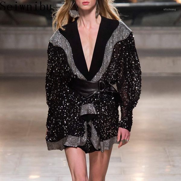 2020 runway new black spring women's party dress bat sleeve sequins v neck draped mini luxury nightclub dress with belt1, Black;gray
2020 runway new black spring women's party dress bat sleeve sequins v neck draped mini luxury nightclub dress with belt1, Black;gray