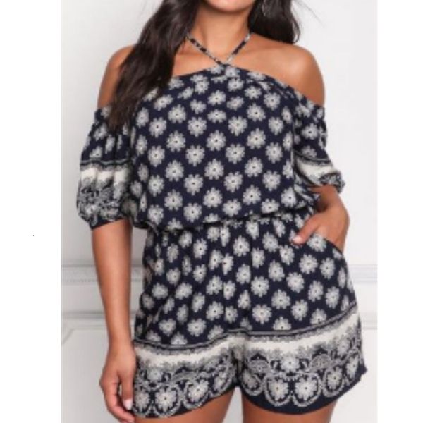 summer print hanging neck off shoulder waist one-piece shorts casual pants large women's wear, White;black
summer print hanging neck off shoulder waist one-piece shorts casual pants large women's wear, White;black