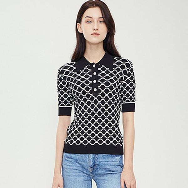 women's polos 2021 fashion runway knitted t shirt summer women short sleeve plaid femme tee knitwear, White
women's polos 2021 fashion runway knitted t shirt summer women short sleeve plaid femme tee knitwear, White