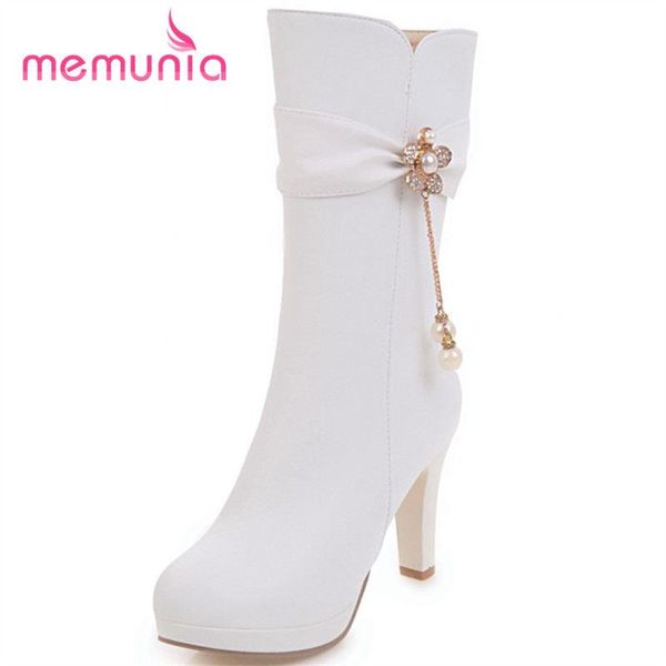 boots memunia arrive 2021 fashion super high heel autumn winter mid calf round toe square women size 33-43, Black
