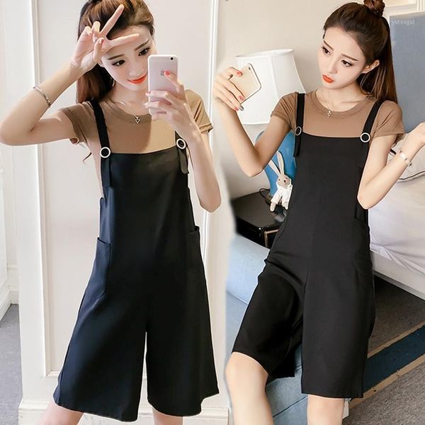 2020 new summer women's fashion sweety girl khaki short sleeved t shirt + overall black pants outfits two pieces set z171, White
2020 new summer women's fashion sweety girl khaki short sleeved t shirt + overall black pants outfits two pieces set z171, White