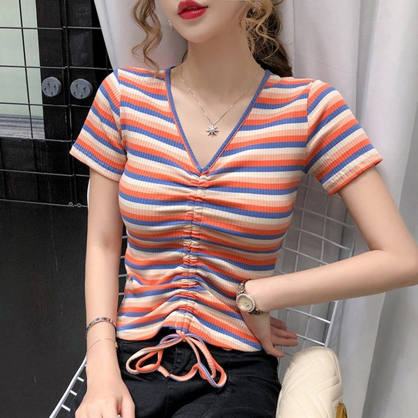 foreign style rainbow stripe t-shirt women 2020 summer new tight drawstring slim fit coat t-shirt v-neck navel exposed short sleeve colo, White
foreign style rainbow stripe t-shirt women 2020 summer new tight drawstring slim fit coat t-shirt v-neck navel exposed short sleeve colo, White