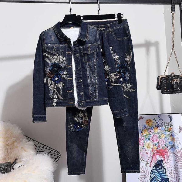 european style denim cloth sets womens sets spring autumn new studded flower embroidered denim long sleeve jacket + jeans pants1, White
european style denim cloth sets womens sets spring autumn new studded flower embroidered denim long sleeve jacket + jeans pants1, White