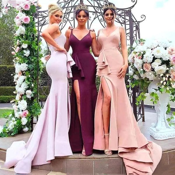 spaghetti v neck mermaid bridesmaid dresses for women sweep train high side split satin formal evening gowns, White;pink
spaghetti v neck mermaid bridesmaid dresses for women sweep train high side split satin formal evening gowns, White;pink