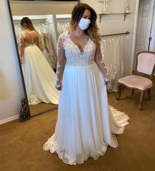 2021 plus size wedding dresses long sleeves a-line v-neck sweep train chiffon backless pleat robe de mariee beach chiffon bridal gowns, White
2021 plus size wedding dresses long sleeves a-line v-neck sweep train chiffon backless pleat robe de mariee beach chiffon bridal gowns, White