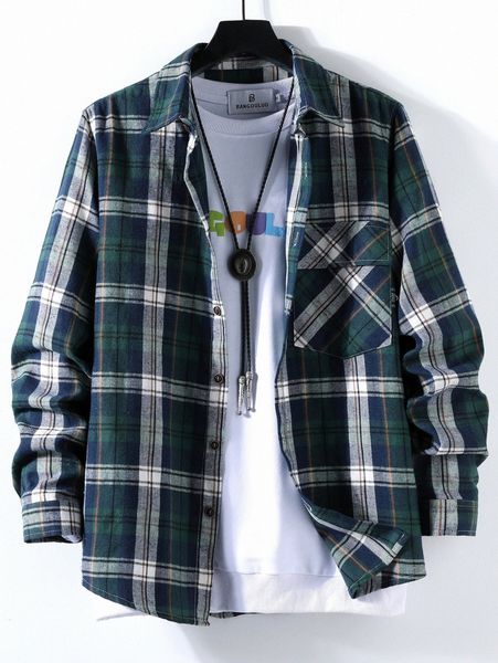 men tartan print flap pocket shirt without tee y1k2#, White;black
men tartan print flap pocket shirt without tee y1k2#, White;black