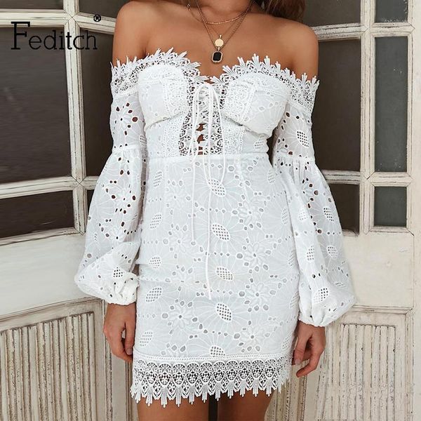 feditch off shoulder lace dress women bodycon long lantern sleeves mini white dress elegant party summer 20201, Black;gray 
feditch off shoulder lace dress women bodycon long lantern sleeves mini white dress elegant party summer 20201, Black;gray