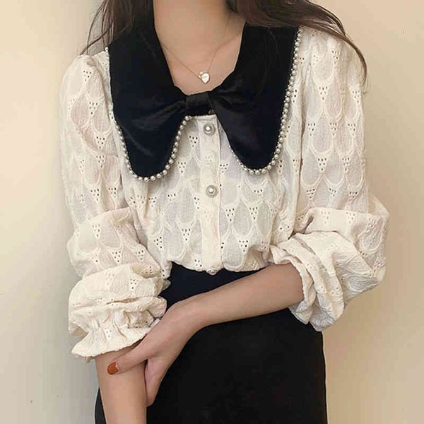 Chic Shirt Woman Spring Bow Knot Doll Collar Pearl Decorated Single-breasted Hollow Loose Long Sleeve Blouse, White
Chic Shirt Woman Spring Bow Knot Doll Collar Pearl Decorated Single-breasted Hollow Loose Long Sleeve Blouse, White