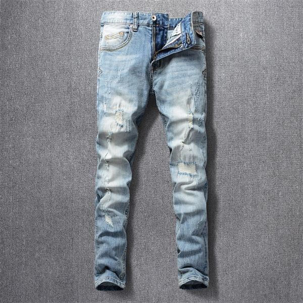 italian style fashion men jeans retro light blue elastic slim fit ripped denim trousers patchwork vintage designer pants homme 201223
italian style fashion men jeans retro light blue elastic slim fit ripped denim trousers patchwork vintage designer pants homme 201223