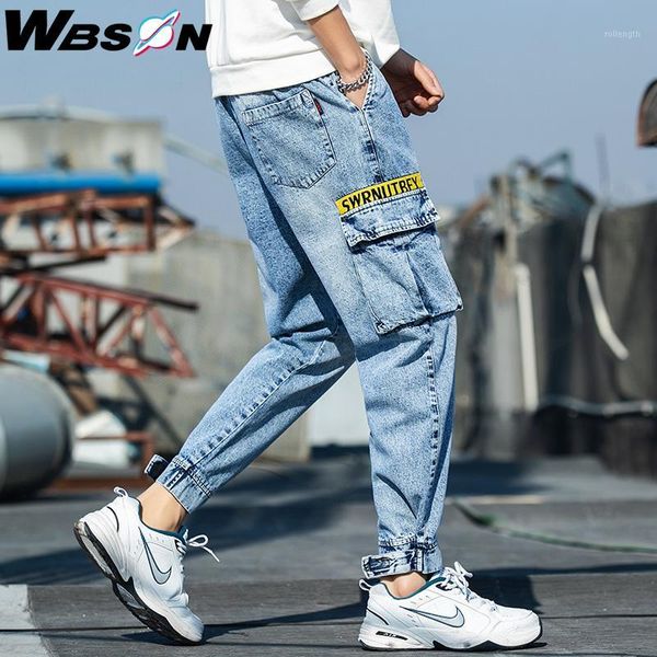 wbson fashion brand jeans men's hip hop style fit jeans elastic waist pockets cargo denim trousers male cargo pants yyxk331, Blue
