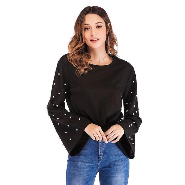 round neck long sleeve waist pearl flare sleeve sweatshirt, Black
round neck long sleeve waist pearl flare sleeve sweatshirt, Black