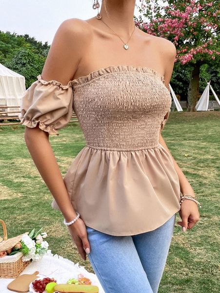 off the shoulder frill trim shirred peplum g7gm#, White
off the shoulder frill trim shirred peplum g7gm#, White