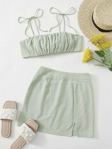 knot shoulder tie back ruched bust crop cami & split hem skirt set g9zm#, White
knot shoulder tie back ruched bust crop cami & split hem skirt set g9zm#, White