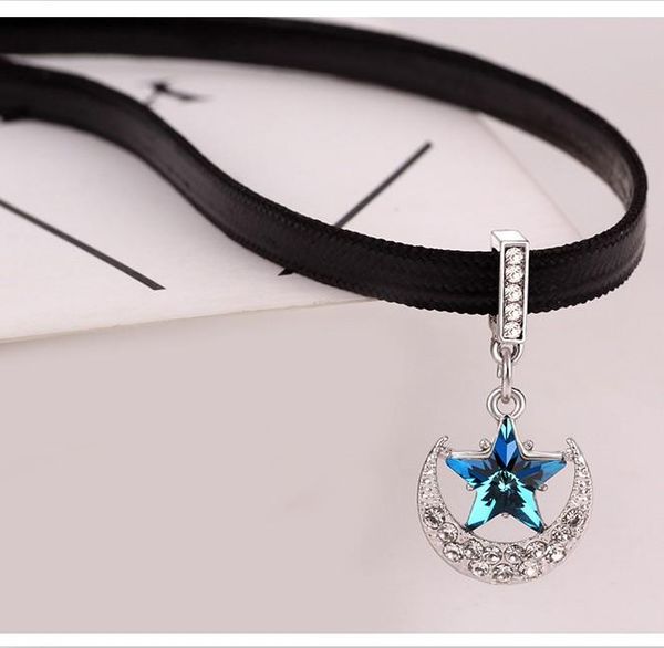austrian crystal moon and star crystal pendant short necklace for women rhinestone black leather choker necklace charming gifts, Golden;silver
austrian crystal moon and star crystal pendant short necklace for women rhinestone black leather choker necklace charming gifts, Golden;silver