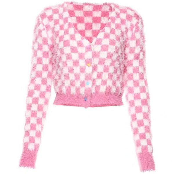 women long sleeve furry cardigan pink plaid checkerboard sweater coat mutlicolor buttons v-neck knitwear crop top, White
women long sleeve furry cardigan pink plaid checkerboard sweater coat mutlicolor buttons v-neck knitwear crop top, White