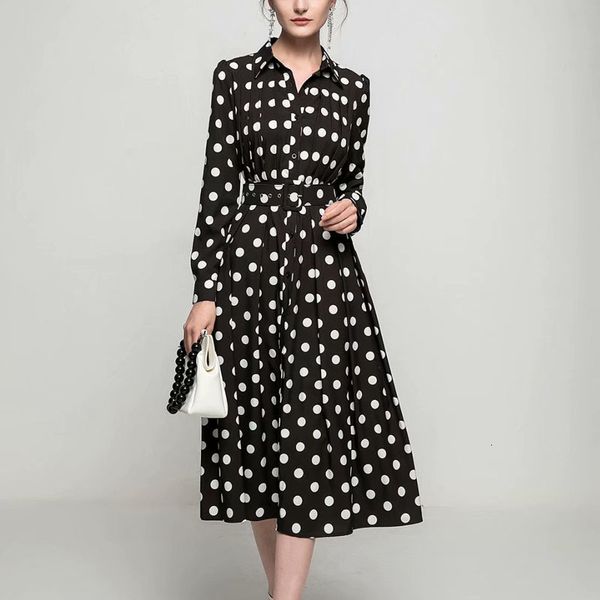 2021 new spring vintage printing polka dot single long sleeve breasted thin fitting belt plied dress of high average length bvgn, Black;gray
2021 new spring vintage printing polka dot single long sleeve breasted thin fitting belt plied dress of high average length bvgn, Black;gray