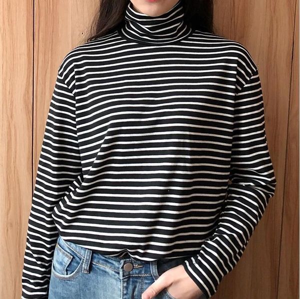 women's t-shirt autumn and winter korean long-sleeved striped female high collar, White
women's t-shirt autumn and winter korean long-sleeved striped female high collar, White