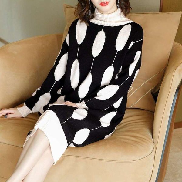 and white big dot print black wool autumn winter high collar long sleeve loose large size knitted dress medium length, Black;gray
and white big dot print black wool autumn winter high collar long sleeve loose large size knitted dress medium length, Black;gray